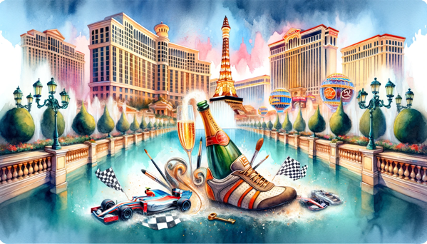 DALL E 2023 11 17 18 43 04  A panoramic watercolor painting similar to the second image showcasing the theme of Formula 1 and a unique shoe focused celebration in Las Vegas The
