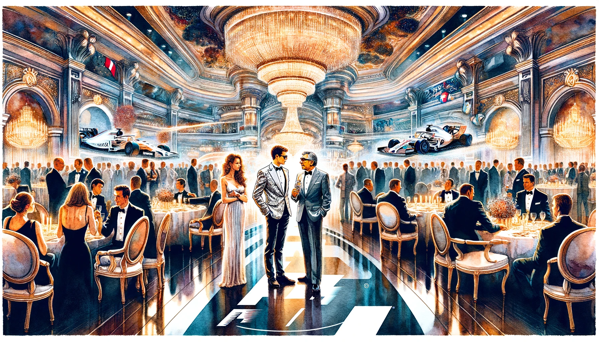 DALL E 2023 11 17 18 59 17  A panoramic watercolor painting showcasing a glamorous F1 documentary premiere The scene is set in the opulent Wynn Las Vegas radiating elegance and
