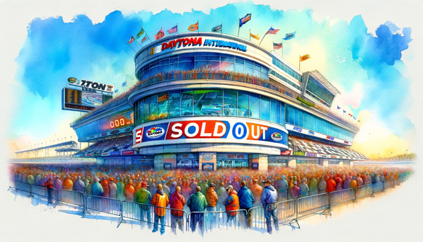 DALL E 2023 11 28 19 17 26  A wide format watercolor painting showcasing the ticket office at Daytona International Raceway with a vibrant celebratory atmosphere symbolizing  T  1