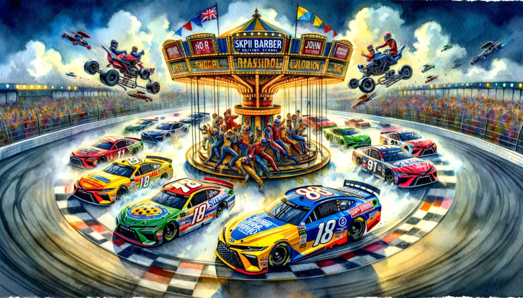 This wide-format watercolor painting vividly captures the essence of high-speed racing inspired by the Skip Barber Racing School and JGR drivers. At the forefront, the No. 18 and No. 81 GR Supras, driven by Sheldon Creed and Chandler Smith, are depicted with an intense sense of speed and competition. The dynamic strokes and vibrant colors create a sense of motion, emphasizing the thrill of the race. Aric Almirola and John Hunter Nemechek in the shared No. 20 car are portrayed with a focus on teamwork and collaboration. The bustling activity around the No. 19 GR Supra is artistically represented, featuring Ryan Truex, William Sawalich, Joe Graf Jr., and Taylor Gray. The background subtly integrates elements of a racetrack, symbolizing the transition from theory to practice, a nod to the Skip Barber Racing School. The overall composition is energetic and colorful, effectively encapsulating the racing